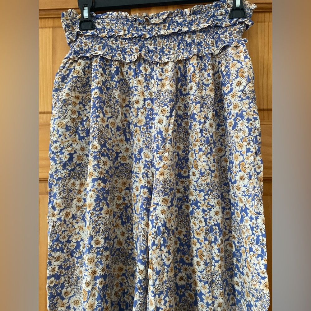 Patrons of Peace Blue Floral Wide Leg Pants Boho Smocked Waist Size L - Picture 8 of 9